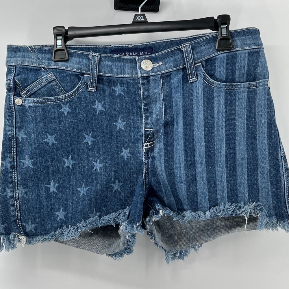 Rock & Republic Lolita Stars and Stripes Denim Shorts Womens 12 Blue Cut Offs
